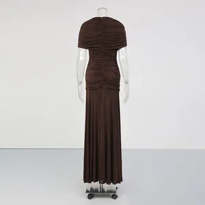 Professional back view of an elegant brown ruched sleeveless maxi dress on a mannequin