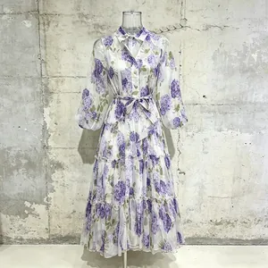 Romantic pastoral purple floral shirt dress with lantern sleeves and a belted waistline