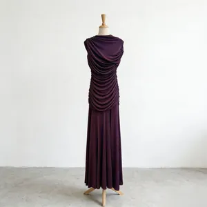Elegant dark purple ruched sleeveless maxi dress with French style draped design