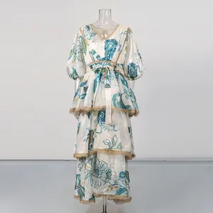 Vintage floral print V-neck tiered maxi dress with delicate lace trim and waist bow detail