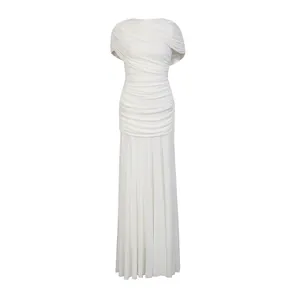 Elegant white sleeveless maxi dress with sophisticated ruched bodice and pleated skirt