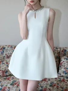 Women's Elegant Socialite Sleeveless Mini Dress High-End Rhinestone Round Neck Slim Waist A-Line Cocktail Party Dress