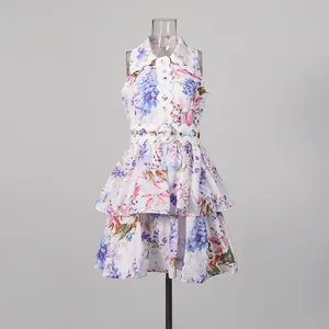 Sweet floral sleeveless mini dress featuring a baby collar and wavy waist seal design