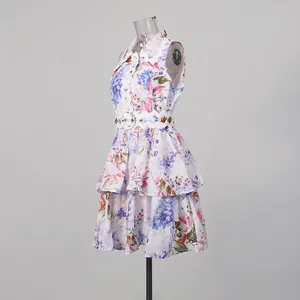 Floral sleeveless mini dress with scalloped collar and tiered skirt design view