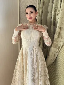 Elegant French luxury lace maxi dress with detailed water-soluble floral embroidery