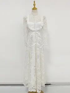 Elegant French style white water-soluble lace embroidery long sleeve evening dress.