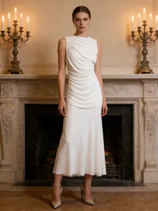French Elegant Ruched Sleeveless Maxi Dress For Women Solid Color Round Neck Bodycon Slim Fit Long Party Banquet Evening Dress