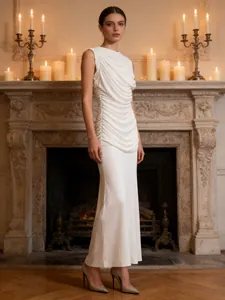Elegant white sleeveless ruched maxi dress with French style round neck and candles