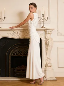 Elegant French style ruched sleeveless white bodycon maxi dress for sophisticated evening wear
