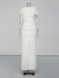 Elegant white sleeveless ruched maxi dress with round neck and pleated skirt for women
