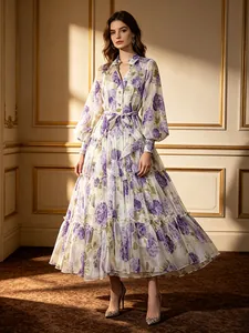 Women Romantic Pastoral Floral Print Maxi Dress Lantern Sleeve V-Neck Tie Waist Tiered Cake Skirt Vintage Boho Dress