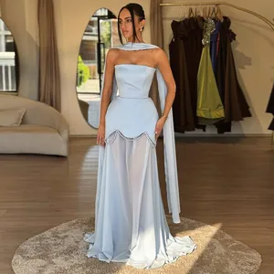 Elegant light blue strapless evening gown with pearl trim and mesh skirt detail