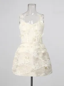 Elegant white lace sleeveless mini dress with 3D floral embroidery appliques