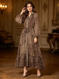 Elegant leopard print maxi dress with V-neck lantern sleeves and belted waist.