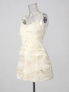Elegant cream lace mini dress with 3D floral embroidery and butterfly appliques.