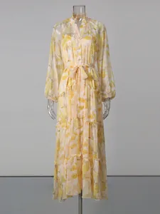 Elegant floral pastoral v-neck shirt maxi dress with lantern sleeves and waist tie