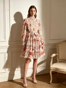 Mini Robe Florale Style Français Doux Vintage Col Montant Manche Lanterne Dentelle Volants Taille Nouée Femme