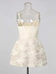 Elegant white floral lace camisole mini dress with heavy embroidery and back zipper