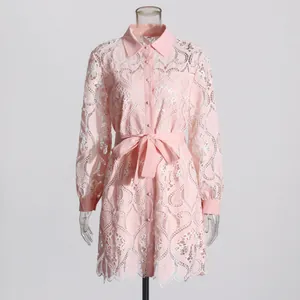 Detail showing pink French-style heavy embroidery lace and hollow-out texture on dress