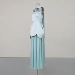 Side view of light blue strapless evening dress with pearl beaded scalloped hem