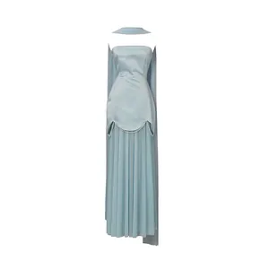 Elegant light blue strapless evening gown with pearl trim and pleated mesh skirt
