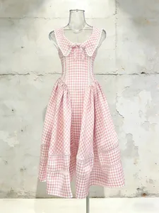 Vestido midi de cuadros vichy rosa estilo coreano con lazo y detalles de encaje
