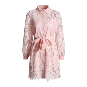 Detailed view of pink French style lace hollow-out dress with embroidery and tie waist
