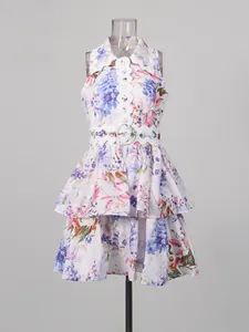Sweet sleeveless floral mini dress featuring wavy trim collar and matching waist belt