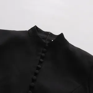 Detailansicht eines schwarzen Kleides mit Stehkragen und eleganten Stoff-Knöpfen