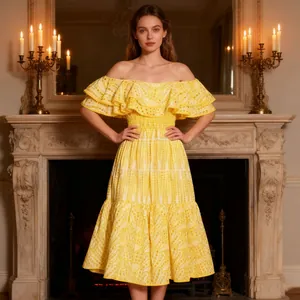 Robe jaune élégante de style français à épaules dénudées avec volants et dentelle