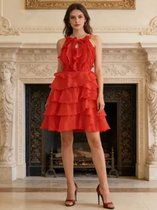 Elegant red sleeveless tiered ruffle mini dress with high waist design for women