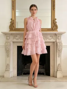 Elegant pink sleeveless mini dress with layered ruffles and high waist design for women