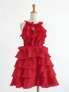 Elegant red sleeveless mini dress with multi-layered ruffles and high-waisted design.