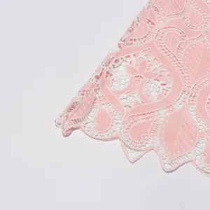 Macro view of intricate pink floral lace embroidery detail on French style elegant dress