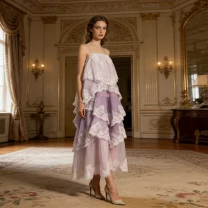 Elegant lavender lace tiered cake maxi dress for women in a luxury palace setting.