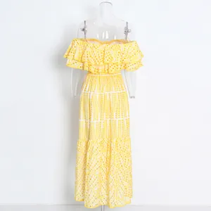 Robe longue élégante de style français jaune en dentelle anglaise avec volants