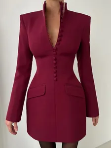 Damen Langarm Blazer Kleid Stehkragen Slim Fit Bodycon Mini Kleid Polyester Baumwollmischung Büro Business Elegante Kleidung