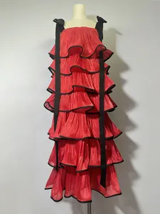 Red tiered sleeveless cake dress with black bow wide straps for women
