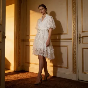 Elegant white V-neck lace dress with puff sleeves and belted waist in vintage setting