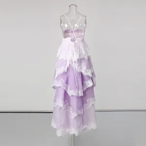 Back view detail of romantic lavender tiered dress with white lace patchwork