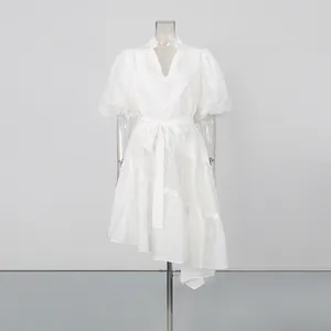 Elegant white V-neck tea-break dress with lace puff sleeves and an asymmetrical hemline