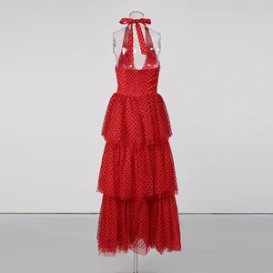 Back view of red polka dot halter dress with tiered ruffled mesh skirt for elegant banquets