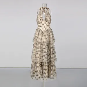 Vintage halter V-neck polka dot dress with multi-layer tulle tiered skirt details