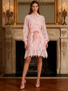 Elegant pink lace embroidered mini dress featuring a waist tie and intricate hollow-out design