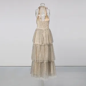 Vintage romantic polka dot halter dress with tiered mesh skirt and back bow tie