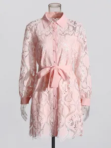 Elegant French style pink hollow-out lace dress with long sleeves and waist tie.