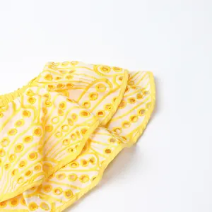 Détail de broderie anglaise jaune et volants superposés sur une robe de style français