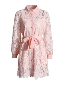 Elegant French style pink lace dress with intricate embroidery and a flattering waist tie.