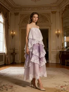 Romantic purple layered cake midi dress with exquisite white lace patchwork and thin straps