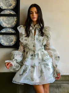 Elegantes französisches Mini-Volantkleid mit Vogeldruck und Mesh-Glockenärmeln für den Sommer